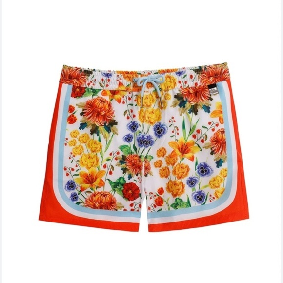 Agua Bendita Other - Agua Bendita Floral Swim Shorts with Orange Trim